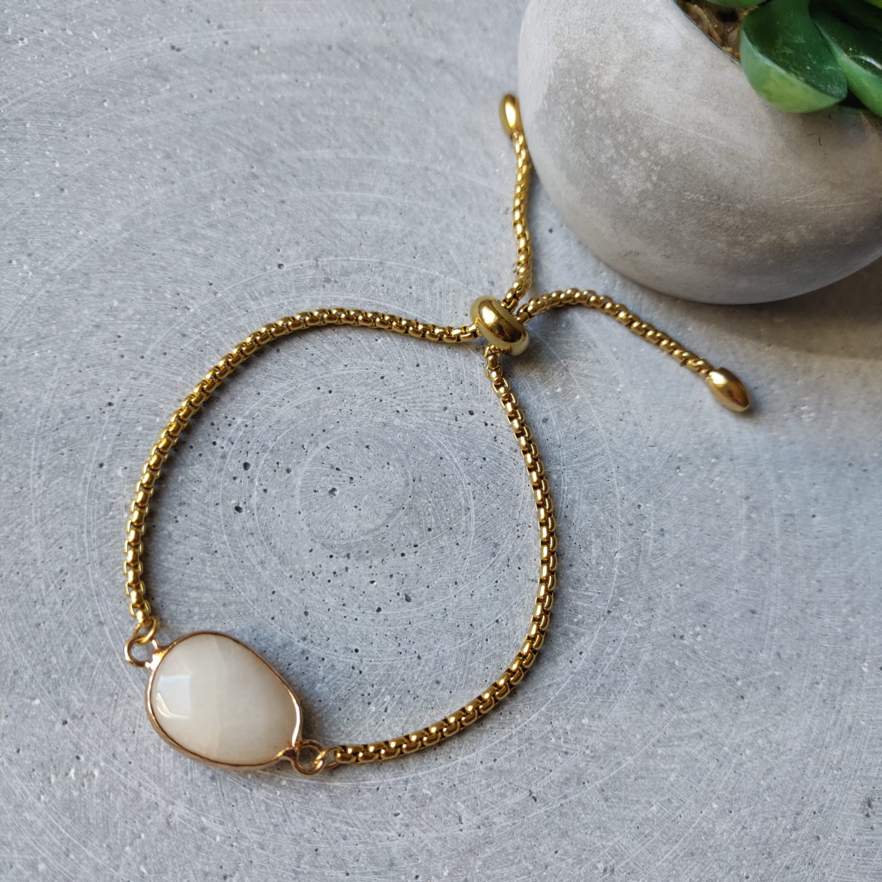 White Jade on Gold Tone Adjustable Stainless Steel Chain Bracelet