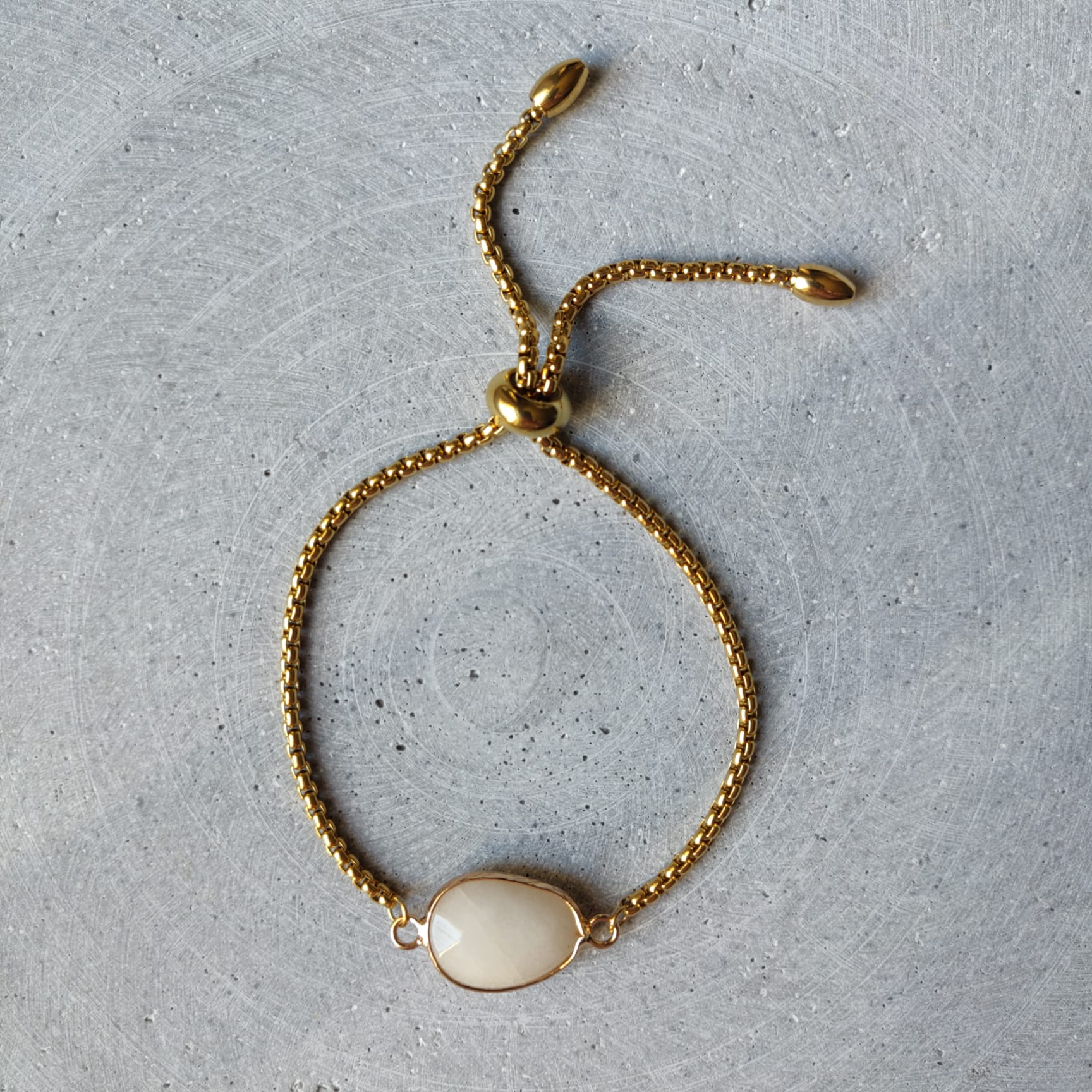 White Jade on Gold Tone Adjustable Stainless Steel Chain Bracelet