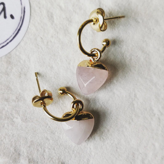 Rose Quartz Mini Drop Gold Tone Stainless Steel Hoop Earrings