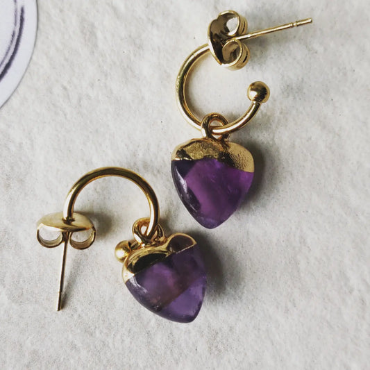 Amethyst Mini Drop Gold Tone Stainless Steel Hoop Earrings