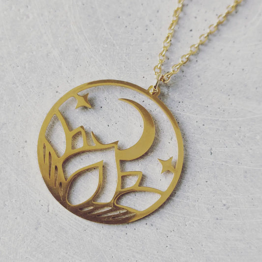 Moon Sitting On Lotus Flower Gold Tone Stainless Steel Necklace