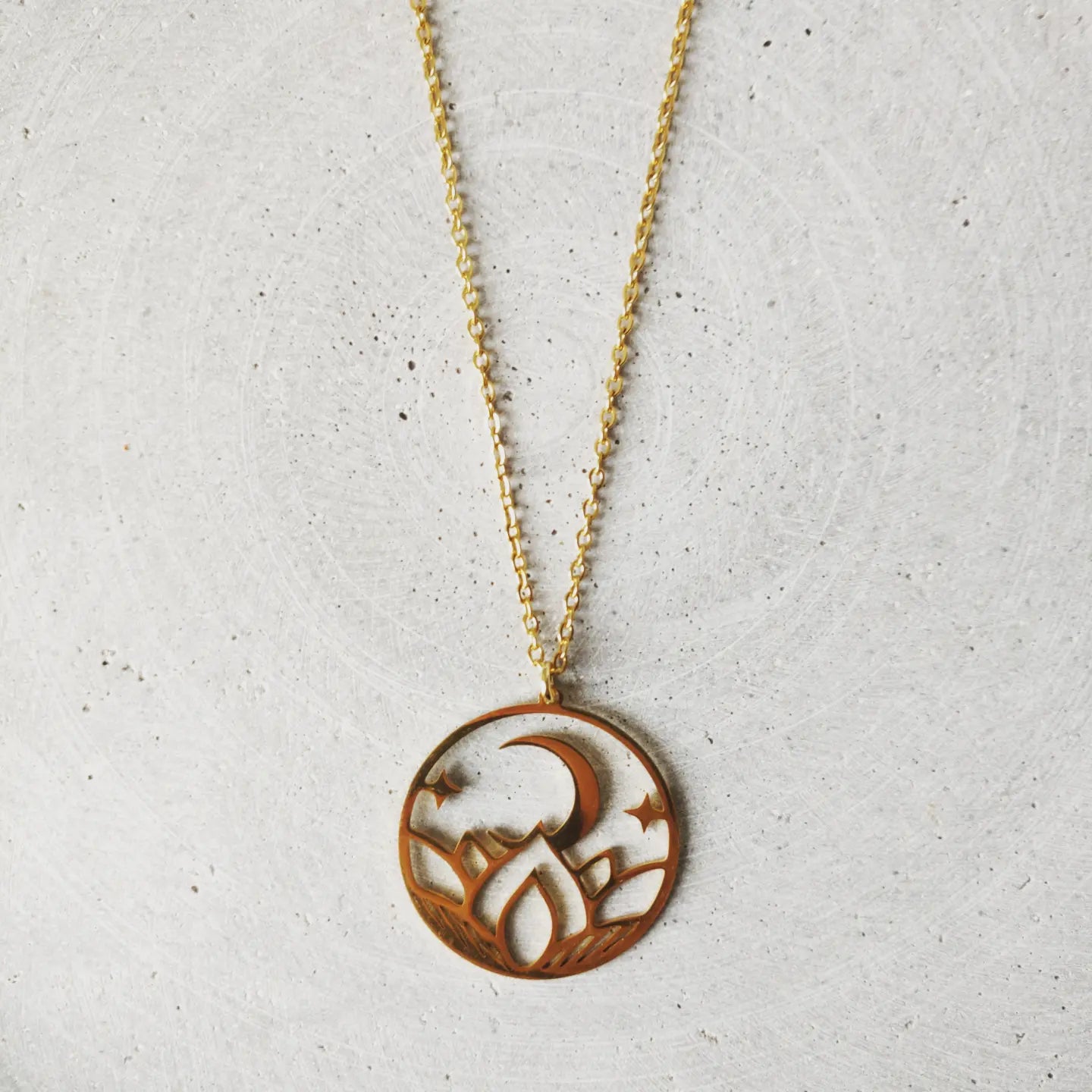 Moon Sitting On Lotus Flower Gold Tone Stainless Steel Necklace